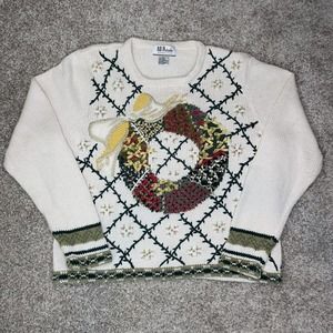 Vintage All Points Medium Wreath Christmas Sweater White Beaded Festive Crewneck